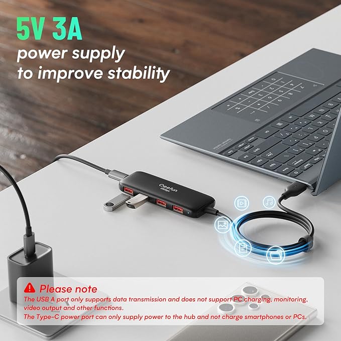 Qeefun 10Gbps USB 3.2 Hub with 4 USB A Data Ports, USB 3.2 Gen 2 Splitter, 4ft Extended Long Cable and Type-C Power Port, USB multiport Adapter for pc, Laptop, iMac, Mac mini, Dell XPS and More