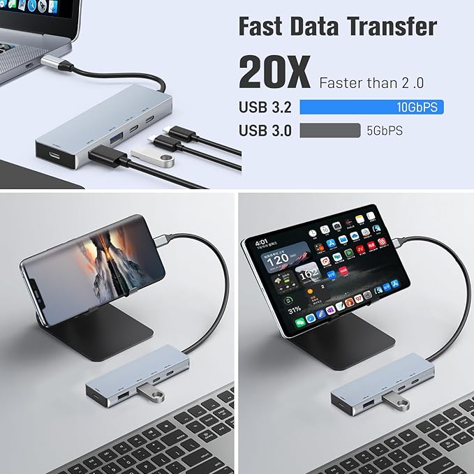 USB 3.2 Hub 10Gbps, 2 USB-C 3.2 and 2 USB-A 3.2,PD 100W Fast Charging for MacBook Pro, MacBook Air, Acer Laptops, HP Laptops, iPad Pro More.(Frosted Silver)