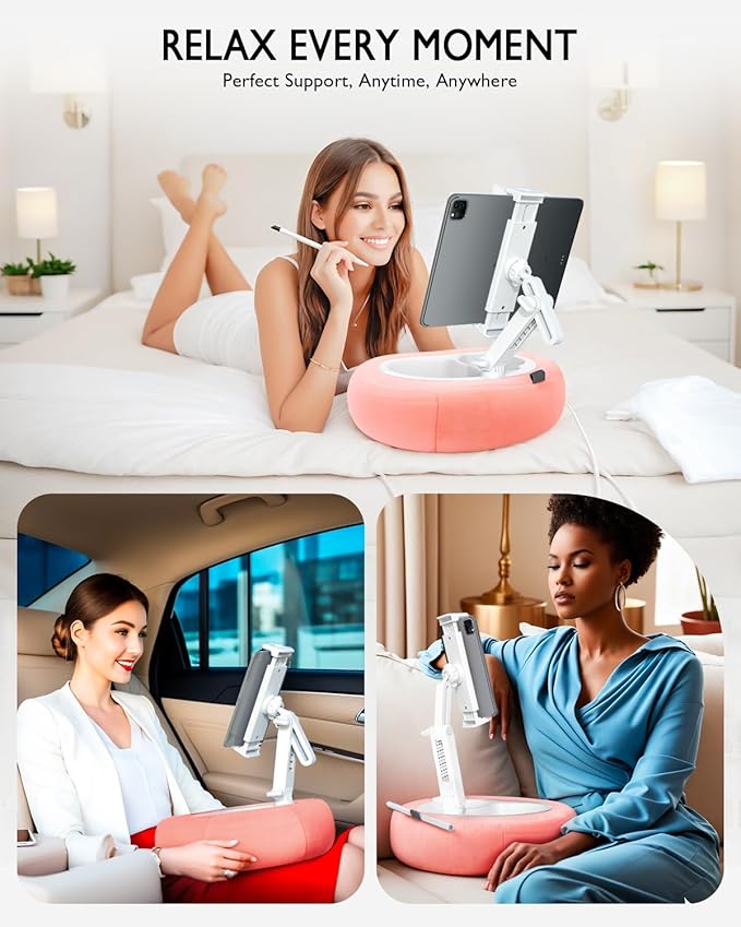 Tablet Pillow Stand, Compatible with 5"-12.9" Kindle, iPad, Phone/Tablet, Google, Samsung, 360° Rotating Phone Holder for Bed, Soft Plush Fabric, Detachable Bowl, Reading and Relaxation on Bed, Pink