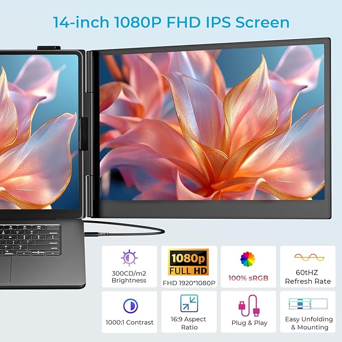 Laptop Screen Extender Ultra-Thin, 14" FHD 1080P Dual Portable Monitor for Laptop, 1.3lbs Lightweight Travel Monitor Extender Fit 13”-17.3”, Plug and Play for Windows/Mac/Android/Chrome