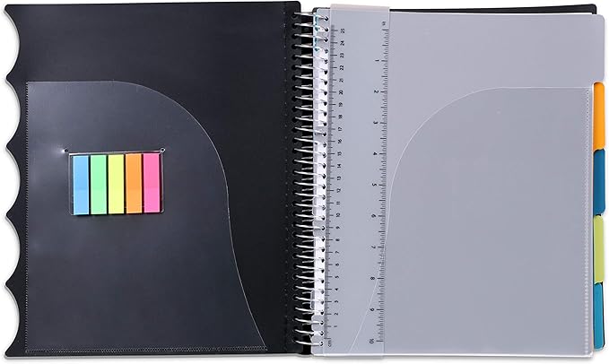 Mintra Office Durable PREMIUM Spiral Notebook, ((Black, 5 Subject, 8.5in x 11in)), Fabric Covered Coils, No Snags, Removable Adjustable Pocket Dividers, Ruler, Organization, Customizable