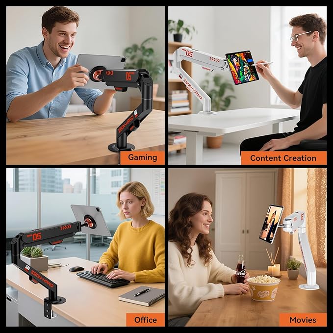 Magnetic Tablet Stand, Adjustable Desk Mount for iPad & All Tablets, 360° Rotating Foldable Arm with Gas Spring, Heavy Duty Aluminum, for Home Office, Kitchen, Bedside, Studio, Black