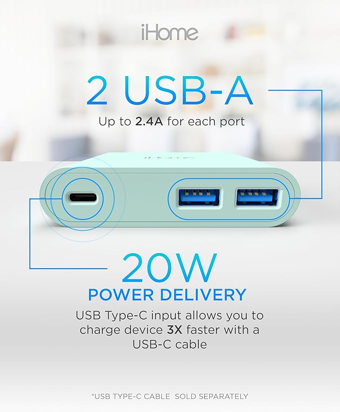iHome 32W AC Pro Multi Port USB Wall Charger Block - Charging Station for Multiple Devices with 3 Ports (1 USB-C, 2 USB-A) - Fast Charging, Universal Compatibility (Mint)