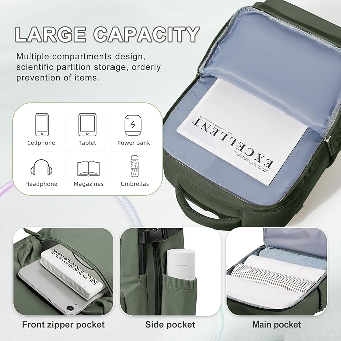 VECAVE Carry On Backpack for Women, Airline Approved Large Travel Backpack Flight Approved, Waterproof 14 Inch Laptop Backpack Business Work Backpacks Bag Men Mochila De Viaje Green.