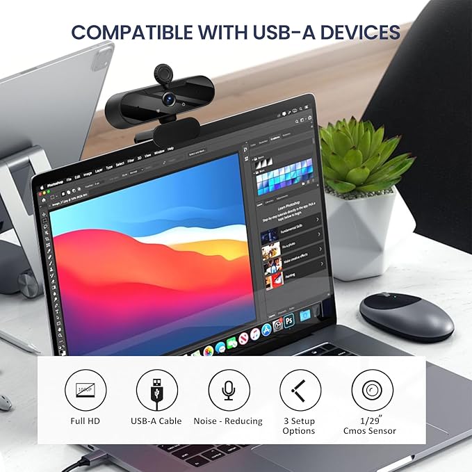 USB HD 1080P Video Webcam and Wide Angle Camera with Built-in Microphone and Rotatable Tripod,for Laptop Computer or Desktop PC,Great for Live Streaming.Calls.Video Conferencing(Black)