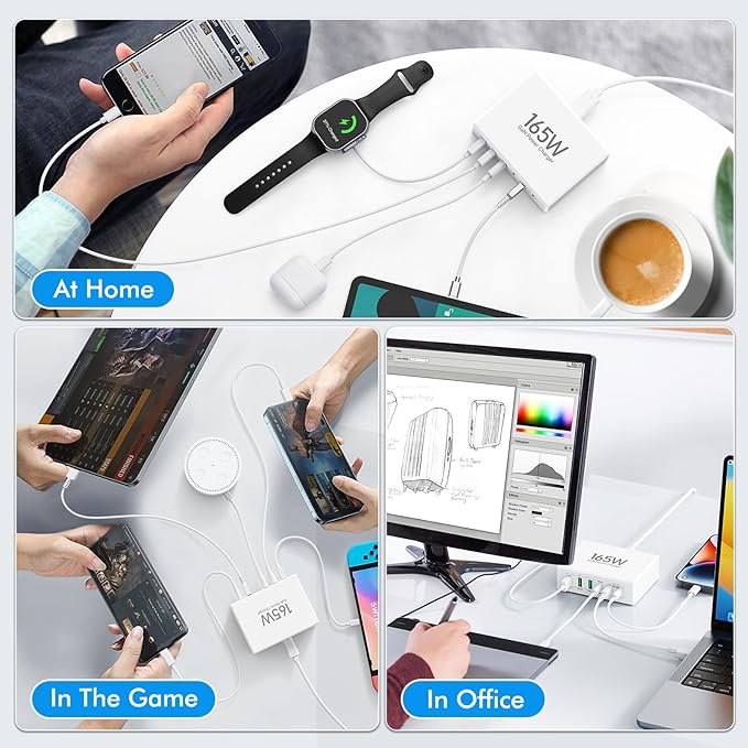 165W USB C Charging Station Hub, 6 Port PD GaN Fast Wall Charger Block Type C Laptop Power Adapter Charger Cube Brick for MacBook Pro/Air,iPad Pro,iPhone 13 14 15 16 17, AirPods4，watch10 ultra2