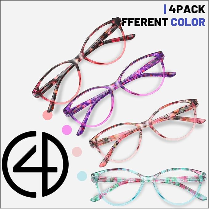 Przene 4 Pack Blue Light Blocking Reading Glasses,Readers for Women and Men with Spring Hinge