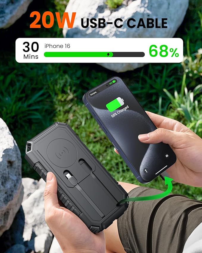 Riapow Solar Charger Power Bank - 27000mAh/99000mWh Wireless Portable Charger Built in 2 Cables - 22.5W Fast Charging Battery Bank with USB C in/Output - PD QC 3.0 Battery Pack Flashlight for Outdoor