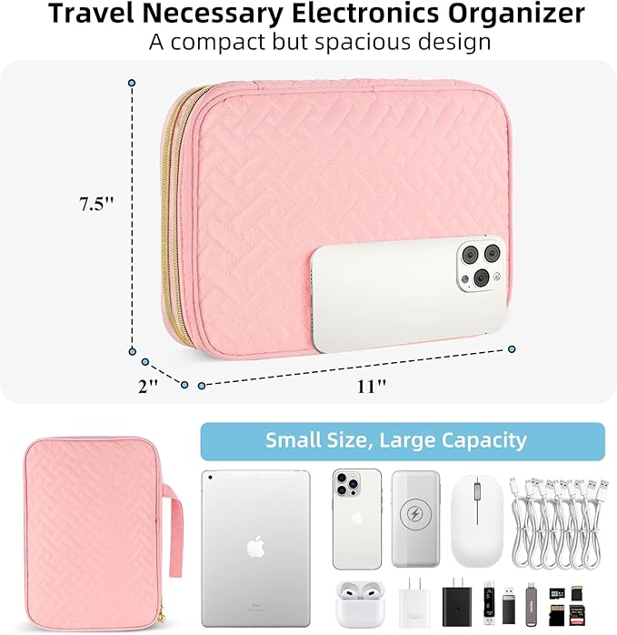 Electronics Organizer Travel Case, Charger Bag Cord Organizer Travel, All-in-One Cable Organizer Bag for Charger, Cords, Phone, Headphones, Flash Drive, SD Card (Pink, Large-Double Layer)
