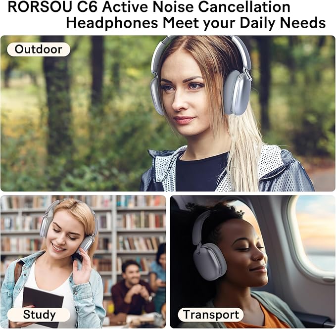 RORSOU C6 Active Noise Cancelling Headphones, Wireless Over Ear Bluetooth Headphones, 60H Playtime, Lightweight Folding Deep Bass Comfort Fit Ear Cups Headset with Mic for iPad/Travel/PC/Home Silver