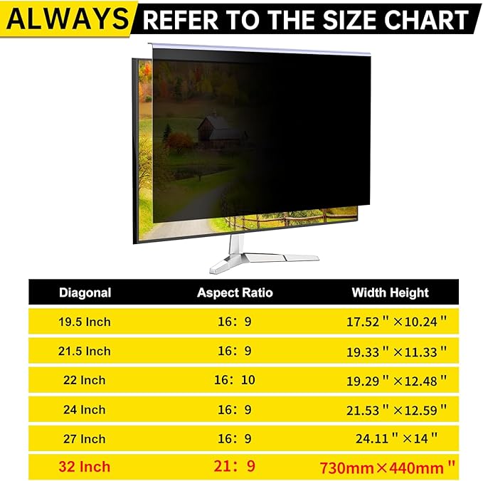 32 Inch Privacy Screen for 16:9 Computer Monitor, Anti-Blue Light Monitor Privacy Screen Filter, Anti-UV Computer Shield, Hanging Type