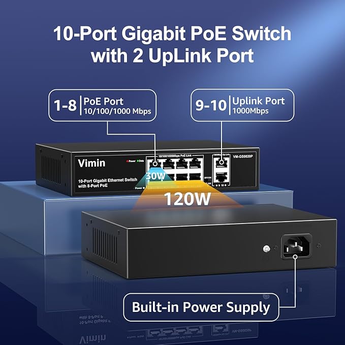 8 Port Gigabit PoE Switch with 2 Uplink Gigabit Ports, VIMIN 10 Port Unmanaged Ethernet PoE Switch with 120W Power, Support IEEE802.3af/at, VLAN, Metal Housing, Desktop or Wall-Mount, Plug & Play