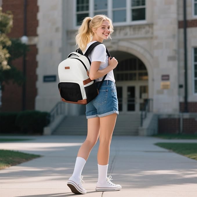 RealCool Laptop Backpack, 31L Travel Backpacks for Women Men, Fits up to 15.6-17 Inch,Water Resistant College Bookbag, for School Business Trip (Beige-Black)