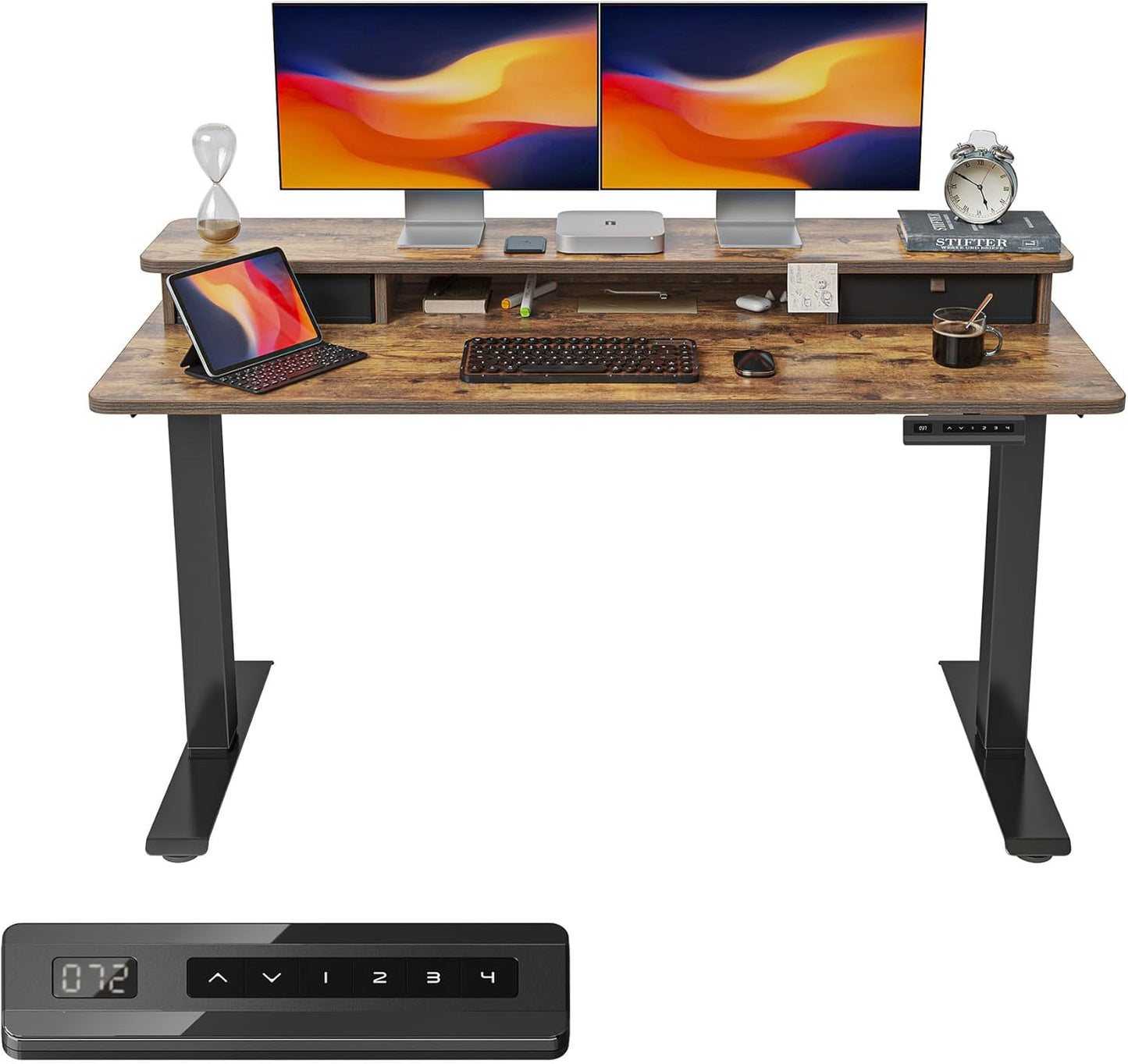 FEZIBO 55''x 24'' Height Adjustable Electric Standing Desk with Double Drawer, Home Office Computer Desk with 4 Height-Adjustable Feets & 2 Hooks, Rustic Brown