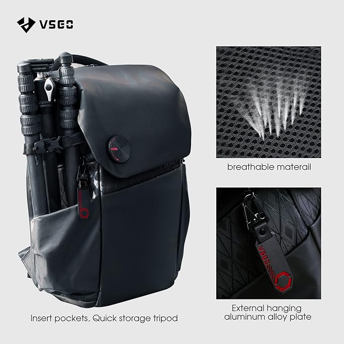 VSGO 20L Professional Camera Backpack for DSLR/SLR, Compatible with Sony Canon Nikon Cameras, DJI RSC2 Gimbals, Tripod, 15.6" Laptop, Lenses & Accessories – Waterproof TPU Canvas, Travel & Outdoor Use