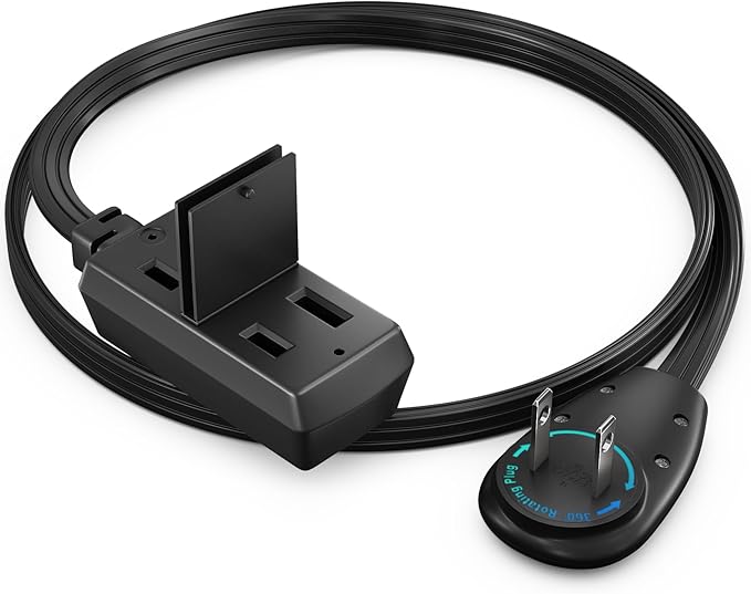 Maximm 1 Ft Extension Cord, 2 Prong, 360° Rotating Flat Plug, UL Certified, Black – Space-Saving Indoor Power Cord for Tight Spaces, Polarized