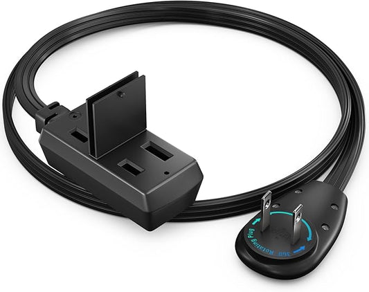 Maximm 1 Ft Extension Cord, 2 Prong, 360° Rotating Flat Plug, UL Certified, Black – Space-Saving Indoor Power Cord for Tight Spaces, Polarized