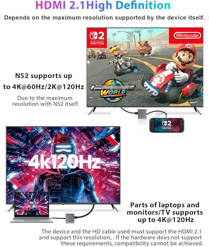 Switch 2 Dock Station with PD Charger Port +4K HDMI 2.1+ USB A Port, Switch 2 Portable Dock for Nintendo Switch 2 Docking Station USB c to hdmi Compatible with Switch1/ Switch 2, MacBook,Laptops