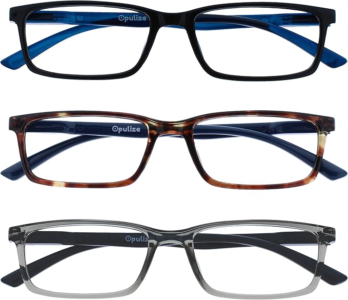 OPULIZE SEE Reading Glasses with Blue Light Blocking for Women and Men, Narrow Frame, Spring Hinges, Computer Gaming Glasses, Black,Brown,Grey +3.5 (Pack of 3)