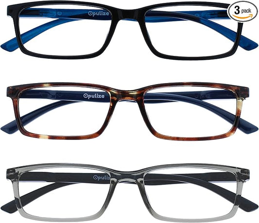 OPULIZE SEE Reading Glasses with Blue Light Blocking for Women and Men, Narrow Frame, Spring Hinges, Computer Gaming Glasses, Black,Brown,Grey +2 (Pack of 3)