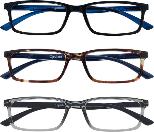 OPULIZE SEE Reading Glasses with Blue Light Blocking for Women and Men, Narrow Frame, Spring Hinges, Computer Gaming Glasses, Black,Brown,Grey +1 (Pack of 3)