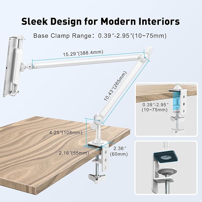 AboveTEK Tablet Stand Holder for Desk & Bed, Aluminum iPad Holder Arm with 360° Rotating Clamp, Adjustable Phone Stand Compatible with 4.7"-13.5" iPad Pro/Air/Mini, iPhone, Galaxy Tab- White