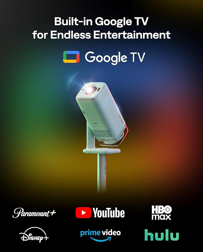 Aurzen BOOM Air Portable Google TV Projector with WiFi and Bluetooth, Smart Projector for Outdoor & Home Movie, USB-C Powered, 4K Supported, Real-Time Focus, Dolby Audio, Adjustable Stand, Green