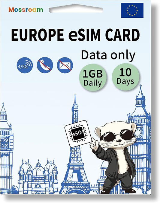 eSIM for Europe Travel,1GB Data/Daily 10 Days at 4G/5G speeds,Data Only eSIM,Use Europe eSIM in UK & 30+ Countries in The EU