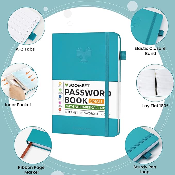 Password Book with Alphabetical Tabs, Hardcover Password Keeper, Size 4.4''x 6.1'' Password Notebook for Saving Internet Login, Username, Password Organizer for Computer & Website Logins,