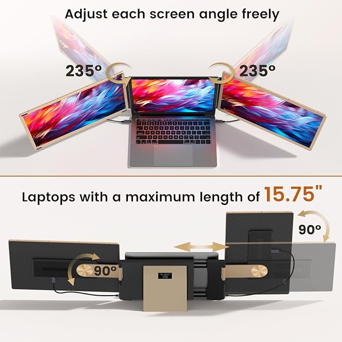 Laptop Extender 15.6-inch, 1080P FHD Portable Monitor with 120% sRGB, 235Rotation Detachable Screen, Plug & Play, Triple Screen Laptop Monitor Extender Compatible with Windows, Mac, Chrome