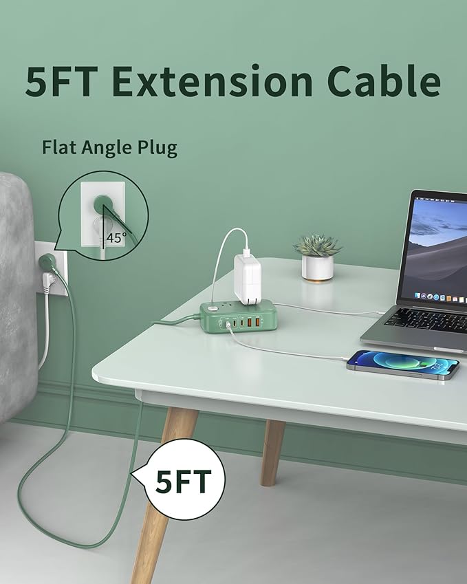 USB C Charging Station,65W USB C Power Strip Surge Protection 1200J, 5FT Flat Extension Cord Desktop USB Charging Hub for Multiple Devices (Pearl Green, 65w)
