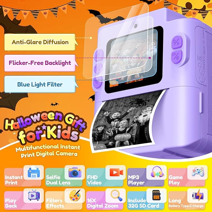 Kids Camera Gift for Girls: Selfie Digital Instant Print Cameras HD Toys for Kids Teen Girls Boys Ages 3 4 5 6 7 8 9 10 12 Birthday Christmas Valentines Easter Gifts with 32G SD Card Purple