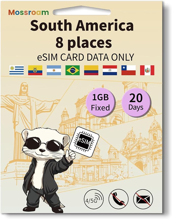 eSIM for 8 Countries in South America Trave Internationa Travel,4/5G LTE Prepaid 20 Days Plan,1GB Daily Data Only