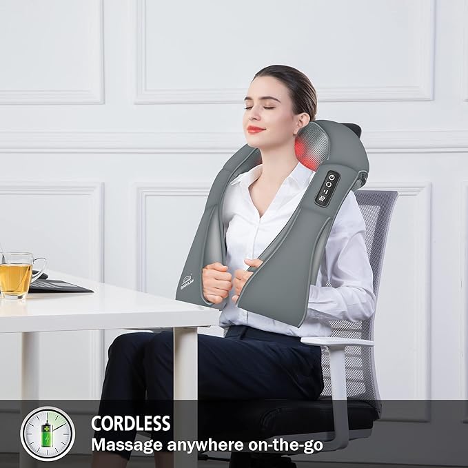 Snailax Cordless Neck Massager, Shiatsu Back Shoulder Massager with Heat, Portable Rechargeable Massagers for Neck and Back Pain Relief, Electric Massager Pillow, Gift for Women,Men(Grey)