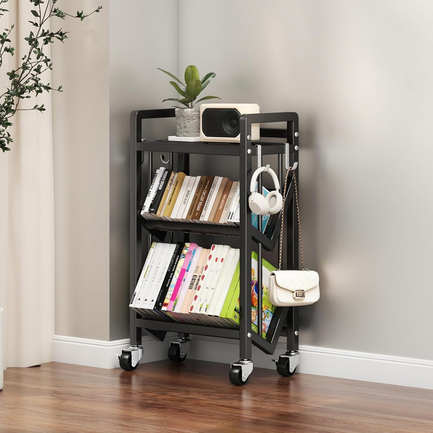 Bookshelf Movable Book Cart Multi-Layer Storage Rack Large-Capacity Rolling Cart L-Shaped Carbon Steel Shelf Suitable for Storing Books, Magazines, Newspapers, Shoes