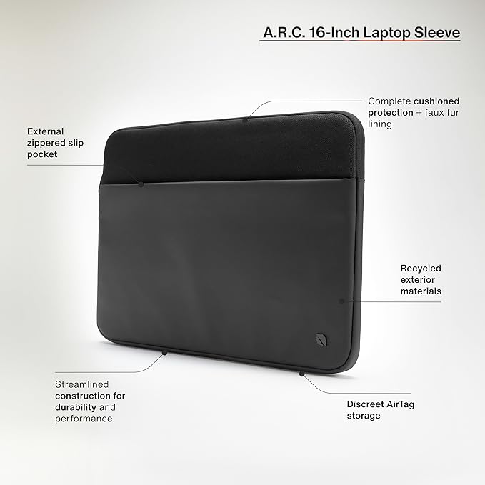 Incase A.R.C. Sleeve with ReSpun Recycled Polyester - 15 inch and 16 inch MacBook/Laptop & iPad/Tablet Case - Cushioned Faux Fur Lining, External Zippered Slip Pocket - Black