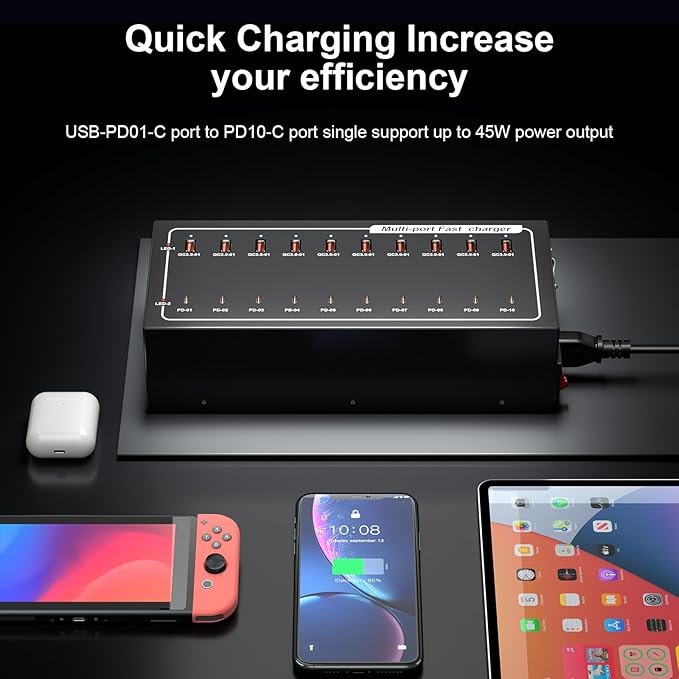 20 Port Fast Charging Station, (10USB C+10USB A) 400W USB Charging Station, simultaneously Charges Mobile Phones, Tablets, Game Consoles and Headphones and Other Devices at high Speed