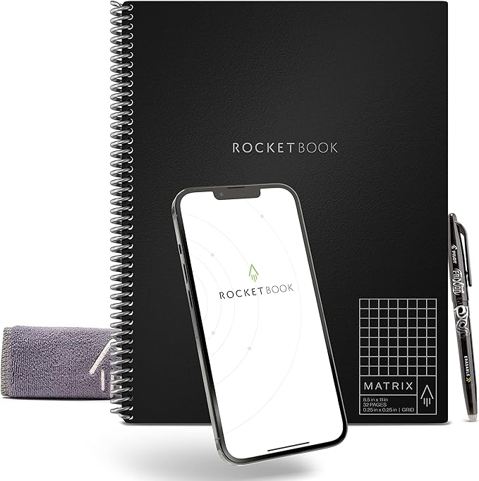 Rocketbook Matrix Smart Reusable Graph Notebook | Eco-friendly, Digitally Connected Isometric Notebook | infinity Black, Letter Size (8.5" x 11") with Pen, Cloth, and App Included