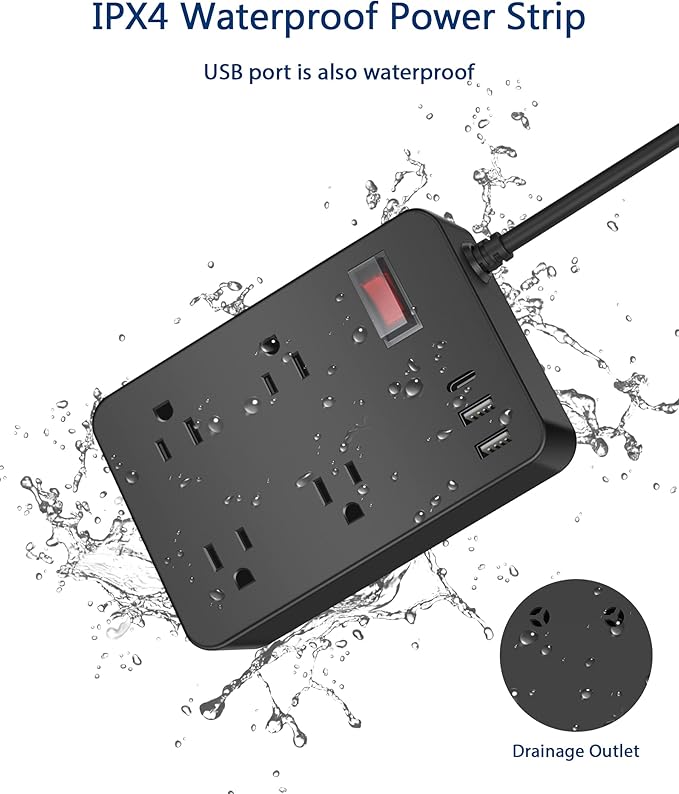 Outdoor Power Strip Weatherproof,Fast Charging Station 20W USB C,Waterproof Surge Protector 4 Outlets, Multi Outlet Extension for Camping, Garden, Kitchen,Bathroom,Flat Plug (Black, 25 FT Cable)