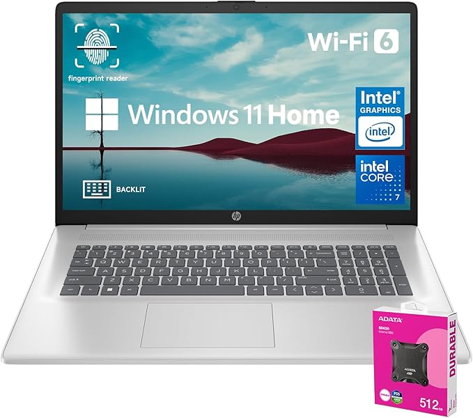 HP Essential 2025 Laptop, 17.3" FHD, CORE 7 (Beats i7 1355), 32GB RAM, 2TB SSD, FP Reader, Backlit KB, Webcam, Wi-Fi 6, Windows 11 Home, Silver, Bundle with ADATA 512GB External SSD