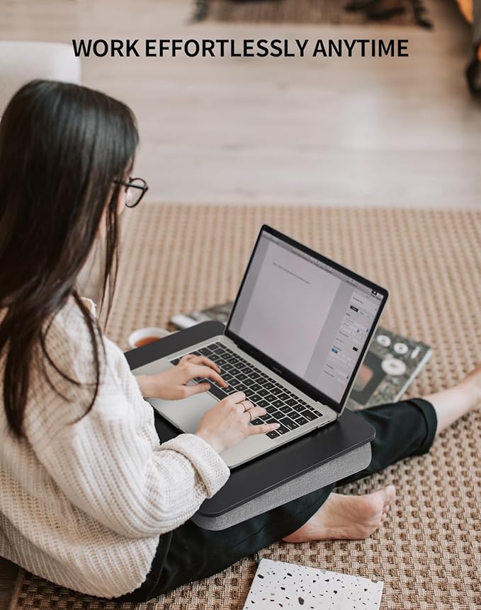 Lap Desk with Pillow Cushion, Portable Laptop Bed Desk, Fits up to 15.6 inch Laptop, Lap Stand for Bed & Couch & Carpet, Book Tablet/Drawing Board- Black