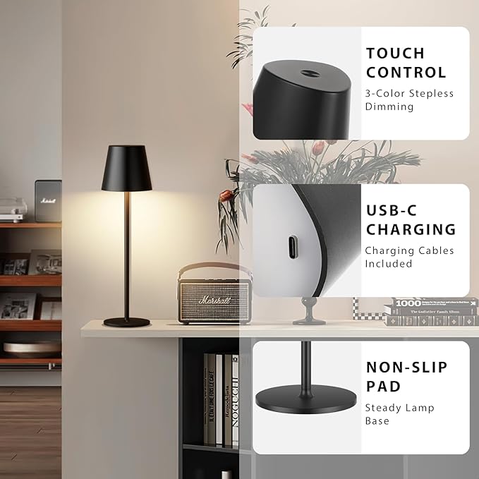 Kakanuo Cordless Table Lamps Pack of 4, Portable LED Battery Operated Lamp, Wireless Rechargeable Lamp, 3 Color Stepless Table Lamp for Restaurant, Bar, Party, Camping and Bedroom - Black