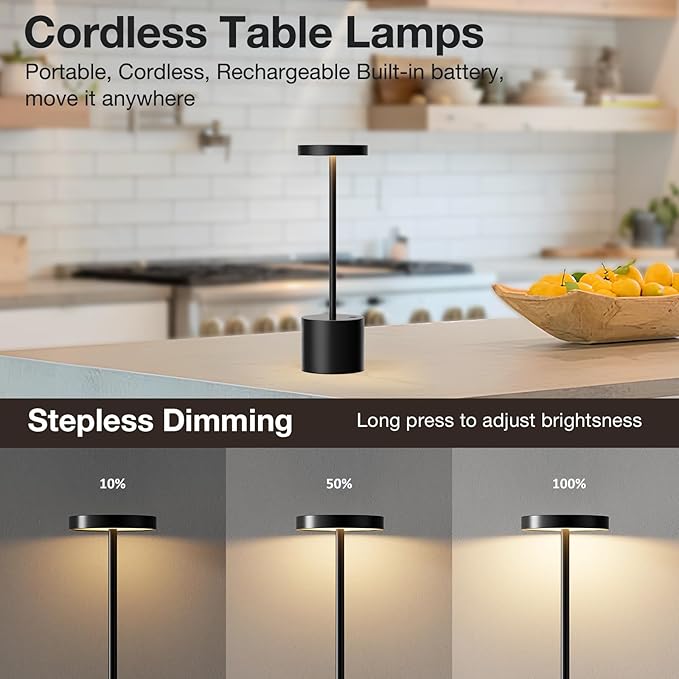 Kakanuo Cordless Lamp, Rechargeable Lamp, Touch Control, 3 Color Temperature, LED Outdoor Wireless, Battery Operated Lamps, Stepless Dimmable, Black