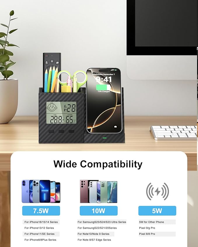 Multifunctional Pen Holder and Organizer for Desk with Wireless Charger, Digital Indoor Thermometer and Humidity Gauge, Home Office Organizers and Storage (Battery Included)