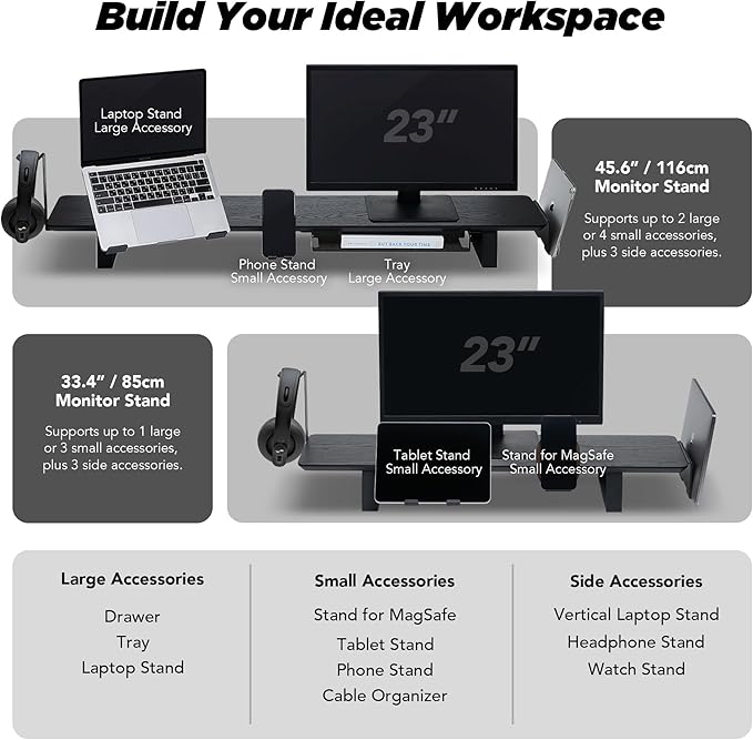 Moodular Wooden Monitor Stand 45.6” (116cm) Large Desk Organizer with Metal Slide Rails for Drawer, Tray, Laptop, Tablet, Phone & Headphones Customizable Riser for Organized Workspace Black