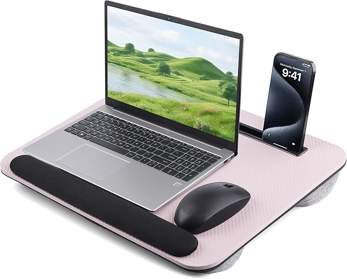 Lap Desk, Portable Lap Desks Fits Up to 16'' Laptop with Pillow Cushion Laptop Desk with Wrist Rest Lap Stand with Tablet or Phone Storage Slot for Bed Couch Carpet Home Office Livingroom (Pink)