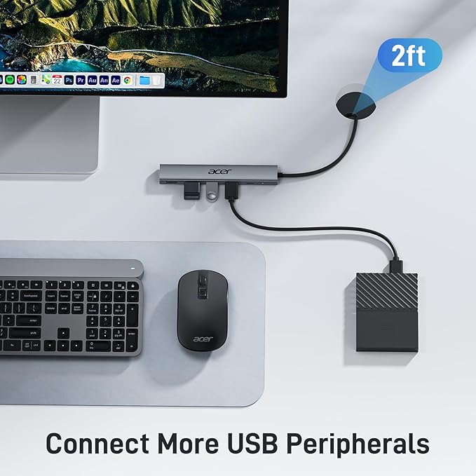 Acer USB C Hub 5 in 1 with 4K HDMI, 100W Power Delivery, 3 USB A Data Ports, USB C to HDMI Multiport Adapter for Laptop, PC, Tablet, MacBook Pro/Air, iPad Air/Pro, iMac, iPhone 15/16 Pro/Pro Max (2ft)