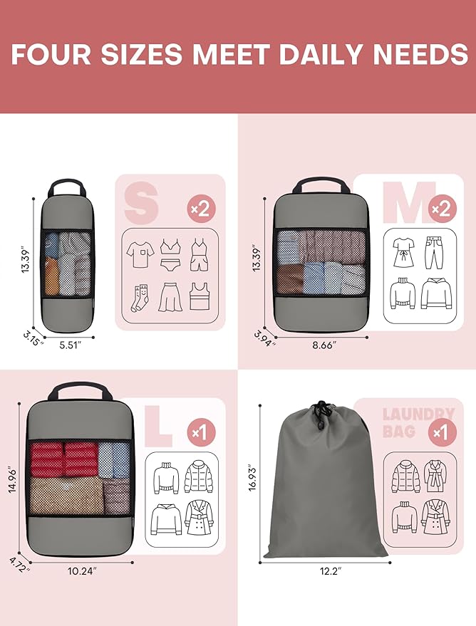 6 PCS Set Compression Packing Cubes for Travel, Lightweight Packing Organizer Bags Travel Essentials for Carry On, Suitcase, Home Closet - Grey