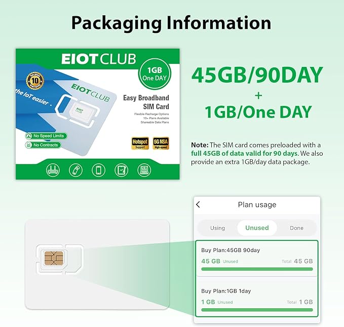 EIOTCLUB Prepaid Data SIM Card 45GB/90Day, 5G/4G LTE Nationwide Coverage, Compatible with AT&T Network | Data Only SIM Card for Routers, Portable WiFi Hotspots, Tablets & Unlocked Phones, No Contract