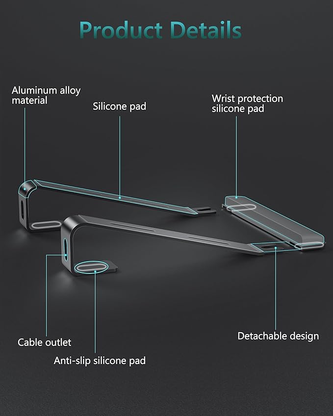 Aluminum Laptop Stand, Notebook Stand with Wrist Rest, Ergonomic Detachable Laptop Mount, Computer Stand Compatible with 10-17'' All Laptops Such as MacBook Air Pro/HP/Dell/Lenovo, Black
